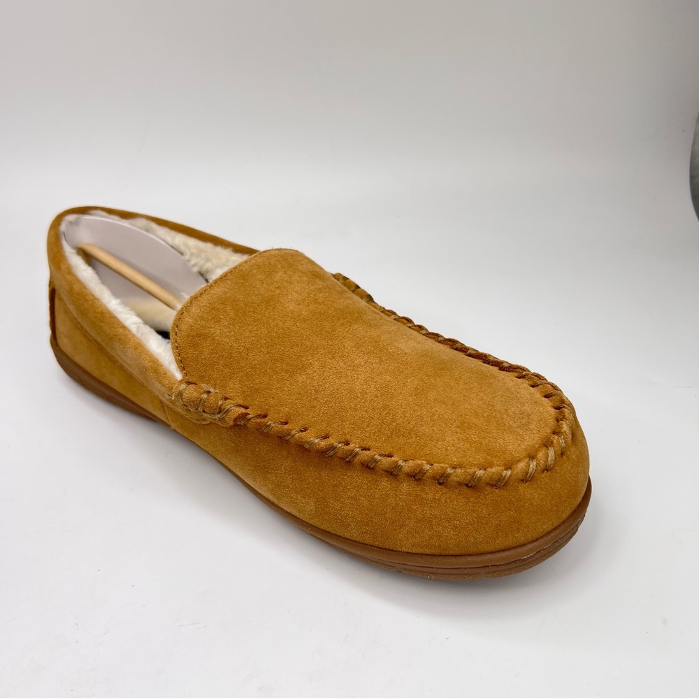 NWT Lands’ End Men’s English Tan Suede Leather Faux Fur Lined Moccasin Slippers - Picture 12 of 15